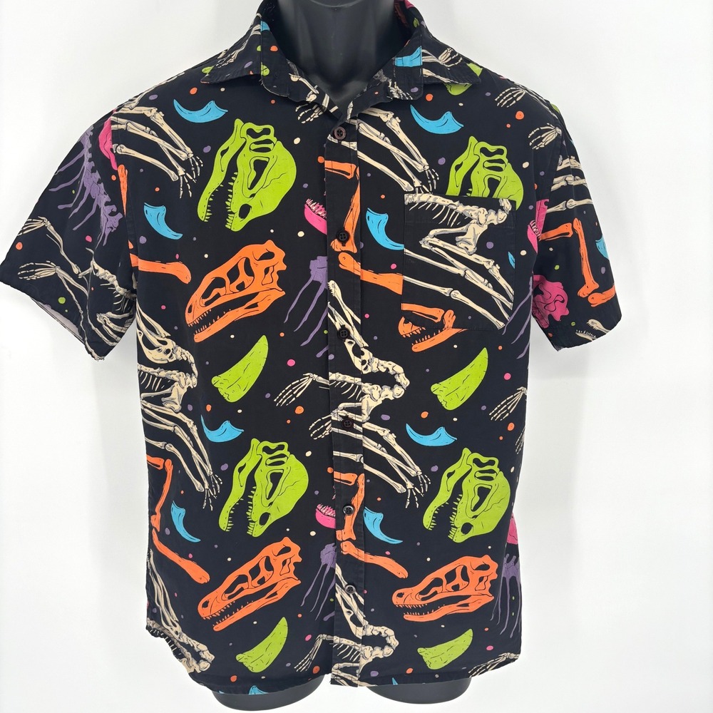 Super Massive Mens Small Neon Dinosaur Skeleton Fossil Black Button Down Shirt